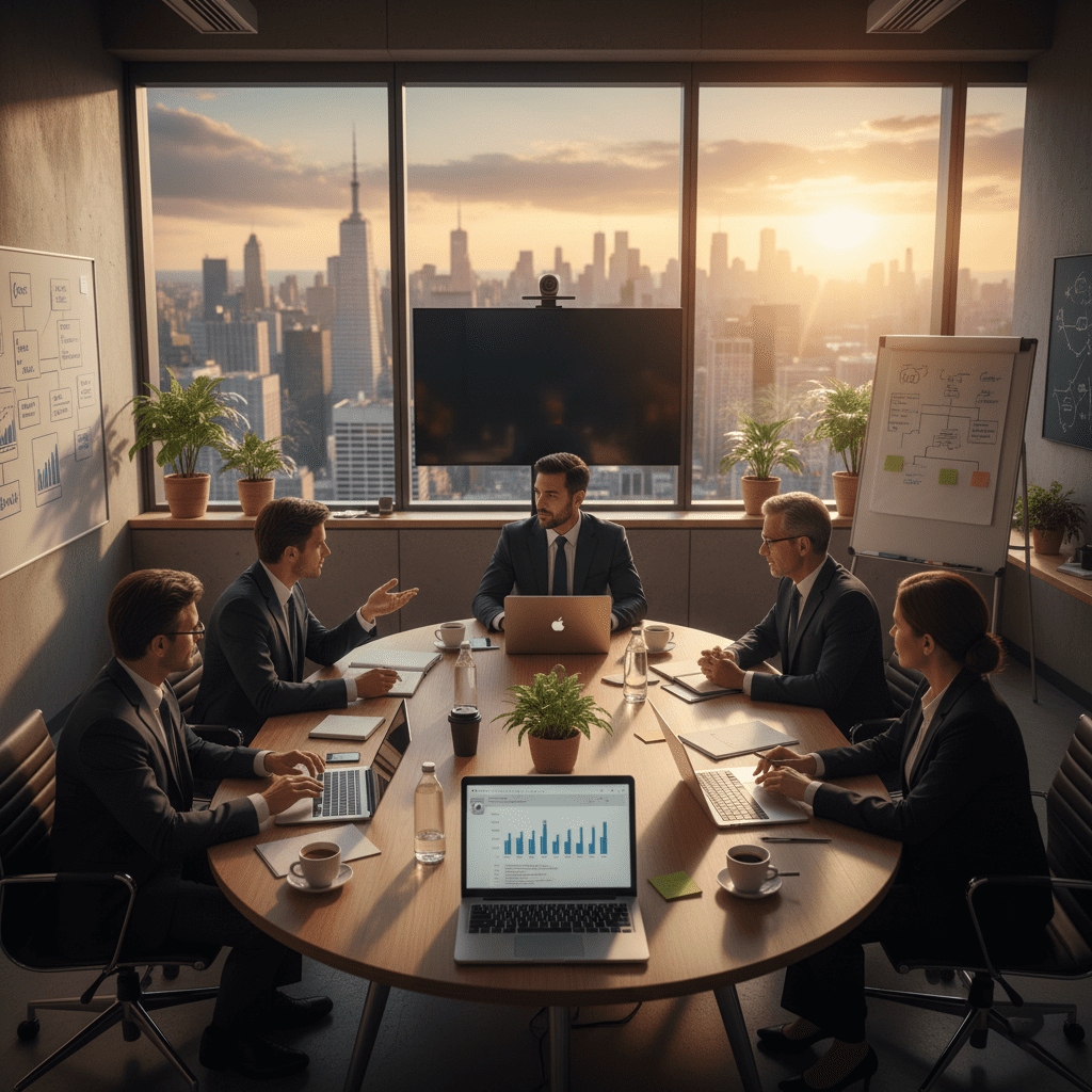 Business meeting with six professionals in a modern conference room