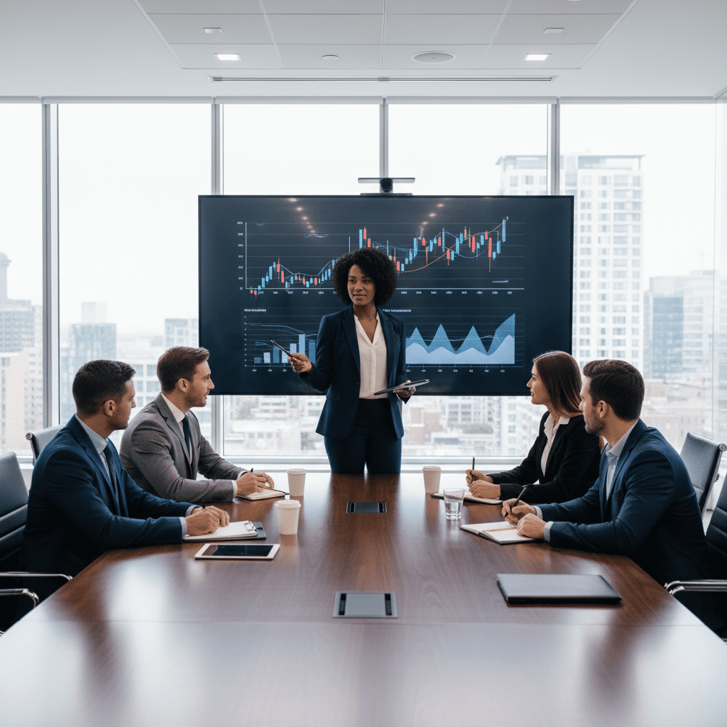 Business team in meeting with financial charts on screen
