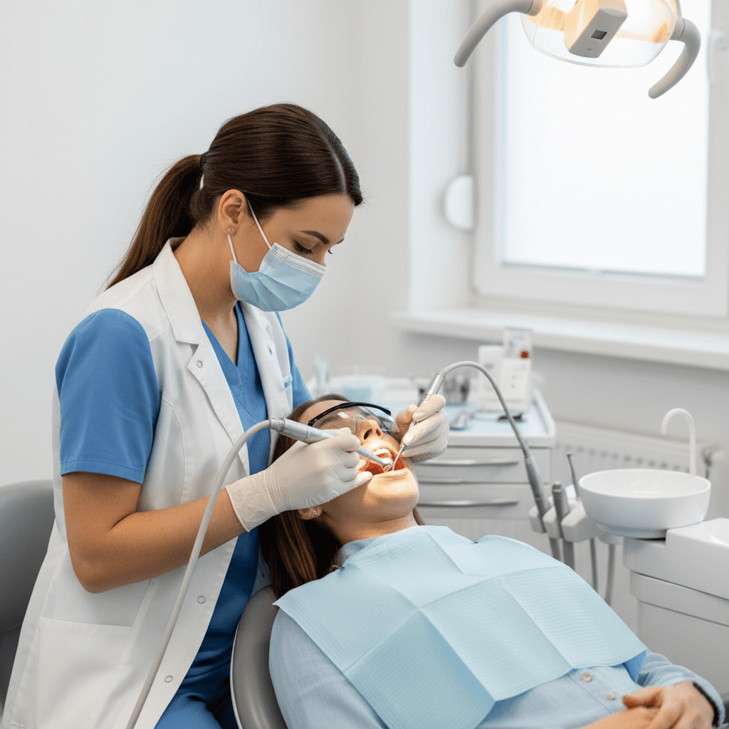 Female dentist treating patient in dental clinic
