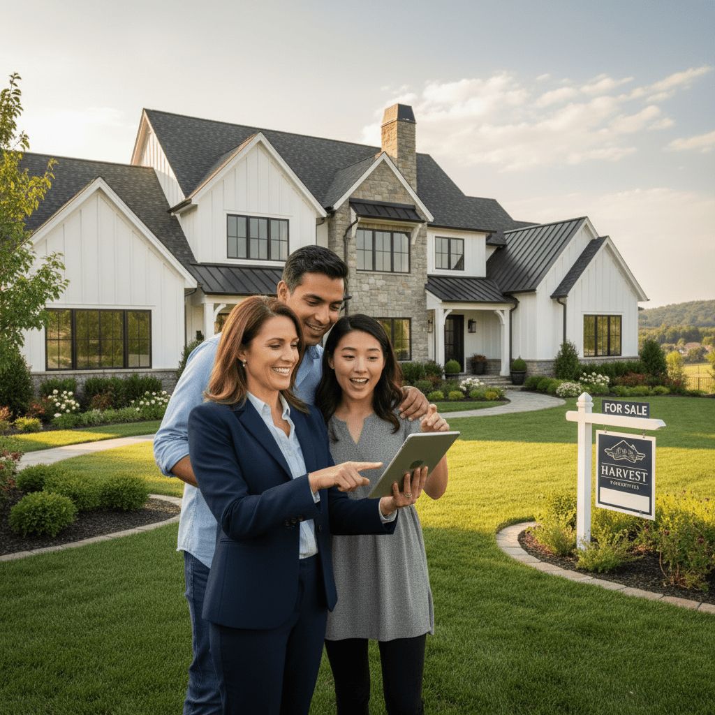 Three real estate agents with tablet outside a for-sale house