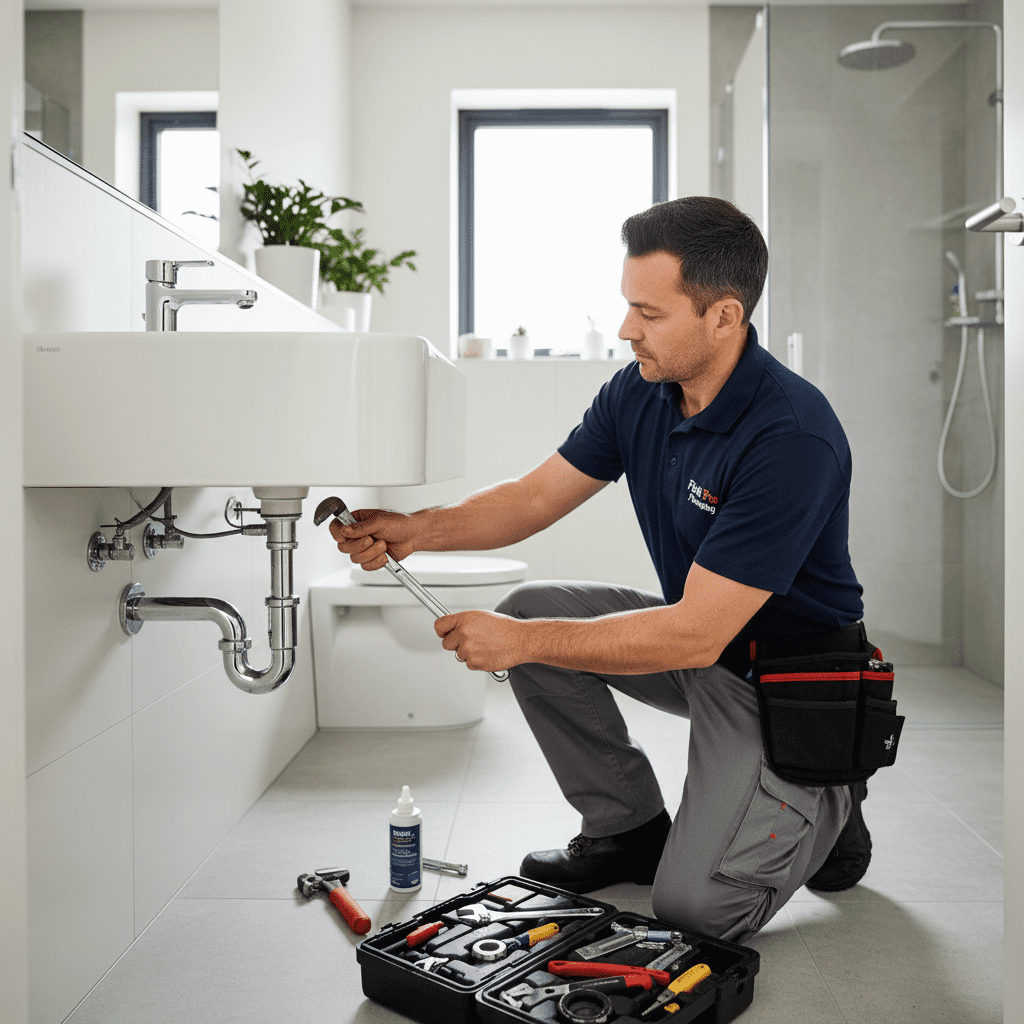 Bathroom plumber repairing sink drain