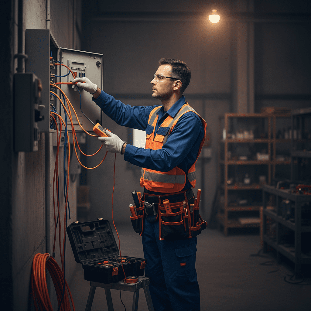 Electrician working on wall-mounted electrical panel