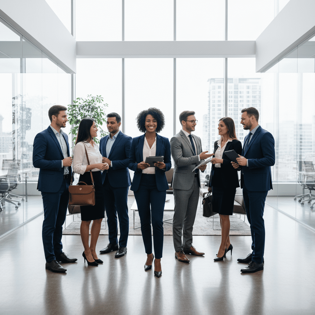 Business professionals standing in a modern office lobby