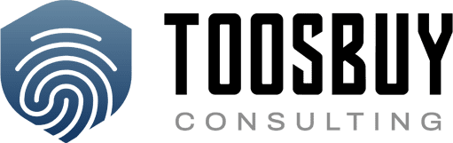 TOOSBUY consulting logo with blue fingerprint shield icon